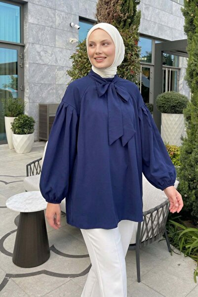 Salih Çelebi Reglan Sleeve Bow Collar Tunic 3003 - Dark Blue