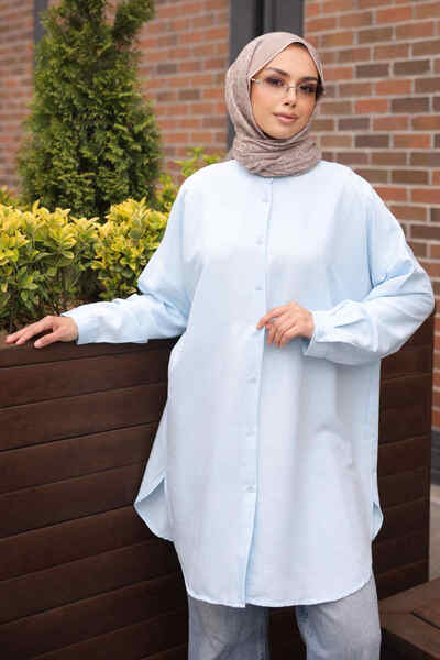 İmajButik Baby Blue Buttoned Basic Loose Tunic