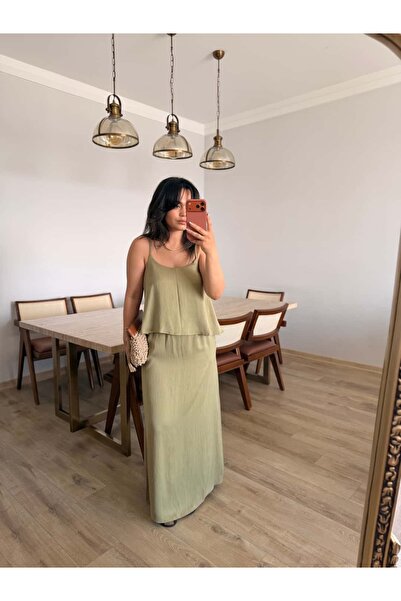 BÜŞRA PERKER Manu Haki Green Tensel Fabric Set