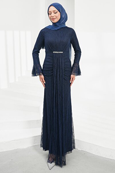 İmajButik Navy Blue Lace Evening Dress with Flounces and Stones on the Sleeves
