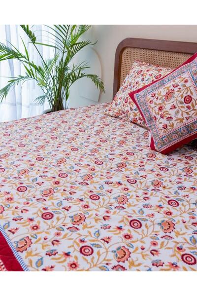 Velora Cottons Ivory Bloom Handblock-Inspired Flat Sheet