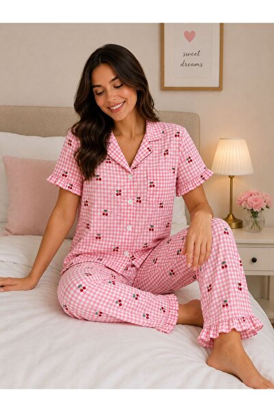 STELLAPİNK Set de pijamale cu mâneci scurte, cu model cireșe în carouri roz ș...