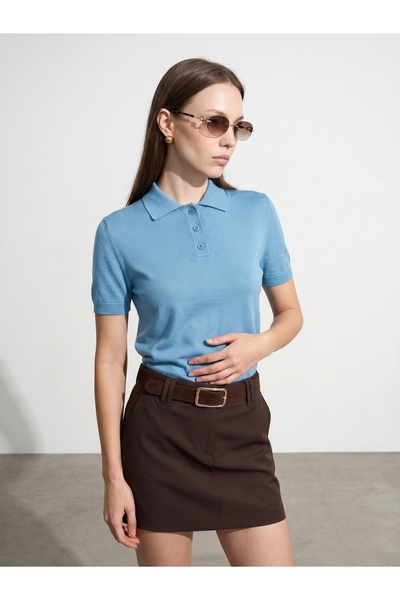 Dilvin 10871 Lyocell Karışımlı Polo Yaka Bluz-Turkuaz