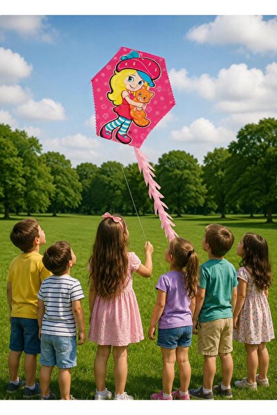 ELİGEQUEEN 50 Metre İpli Çilek Kız Desenli Çocuk Uçurtması 70x86 cm Pembe Ren...