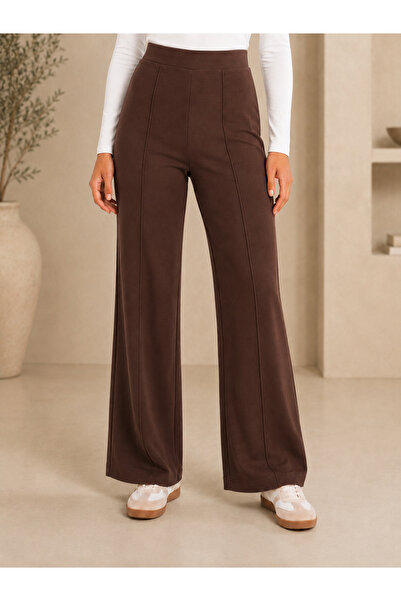 Fioria Women's Brown Front Ribbed Wide Fit Wide Leg Modal Fabric High Waist R...