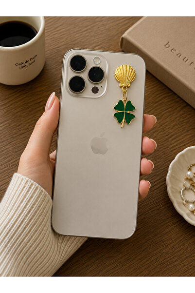 Buki'nin Atölyesi Metal Phone Charm Accessory Seashell, Green Clover