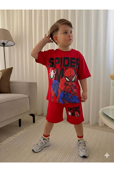 KİDSPİTİRCİK Boys' Red Printed Shorts Suit 100% Cotton