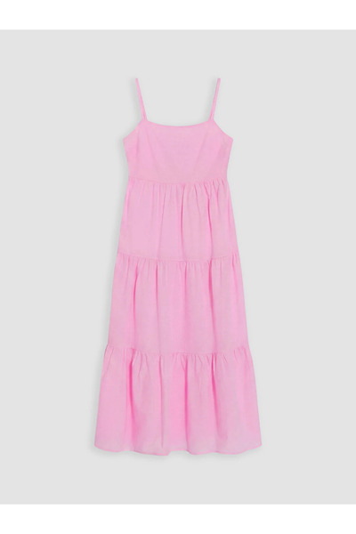 LC Waikiki Pink Square Neck Rope Strap Layered Dress