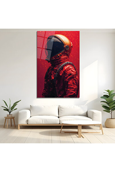 BERSED Kırmızı Astronot Uzay Temalı Modern Dekoratif Cam Tablo