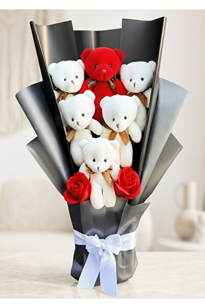 Linalux Gifts Kırmızı Beyaz Ayıcık Buketi Gül Detaylı Siyah Ambalajlı Peluş A...