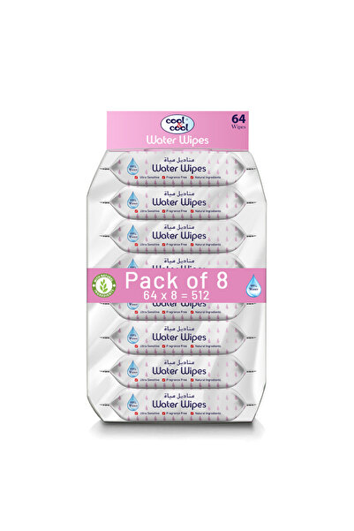 COOL & COOL Aqua Wipes 64's (Pack of 8) - 99% AQUA, 0% Alcohol, Ultra Sensiti...