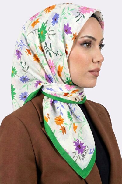 hadiora Women's White Green Floral Patterned Organic Cotton Soft Scarf
