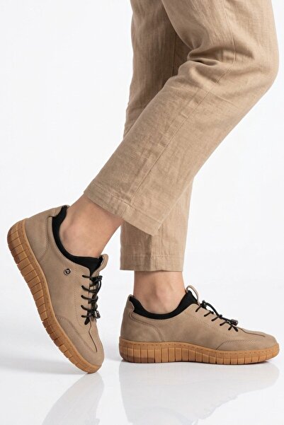 Aspor Beige Nubuck Genuine Leather Women's Casual Shoes