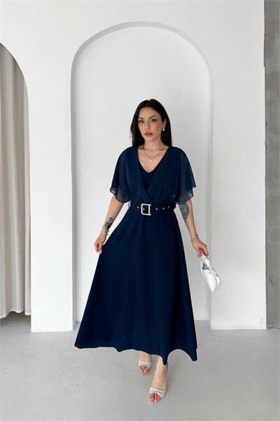 Neşeli Butik kadın lacivert şifon kol detaylı V yaka kemerli midi boy elbise ...