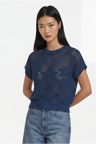 Sea Style Floral Patterned Openwork Knitwear Blouse