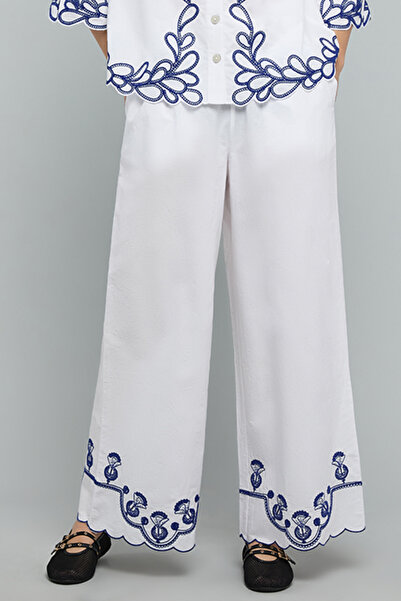 R&B Embroidered Wide Leg Pants with Drawstring Waist