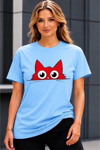 VODEXA Tricou oversize unisex, cu imprimeu pisică roșie, 100% bumbac, croială...
