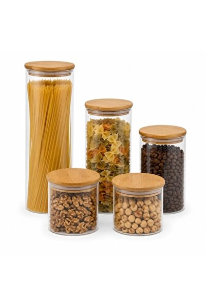 OEM Set 5 Recipiente Depozitare Alimente din Sticla cu Capac Ermetic din Bamb...