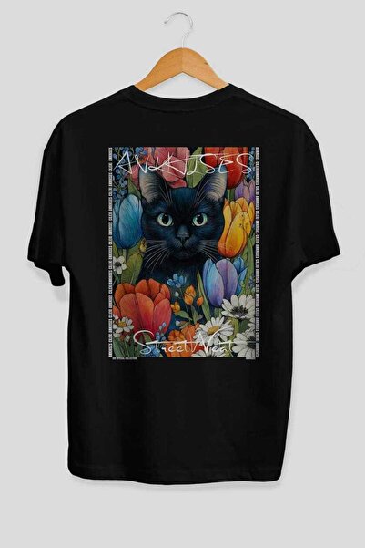 Ankhises For the Love of Cats 63 Cats Printed Black Oversize T-Shirt 100% Cot...