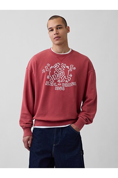 GAP Erkek Koyu Kırmızı Keith Haring Heavyweight Logo Sweatshirt