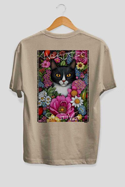 Ankhises For the Love of Cats 16 Cats Printed Beige Oversize T-Shirt 100% Cot...