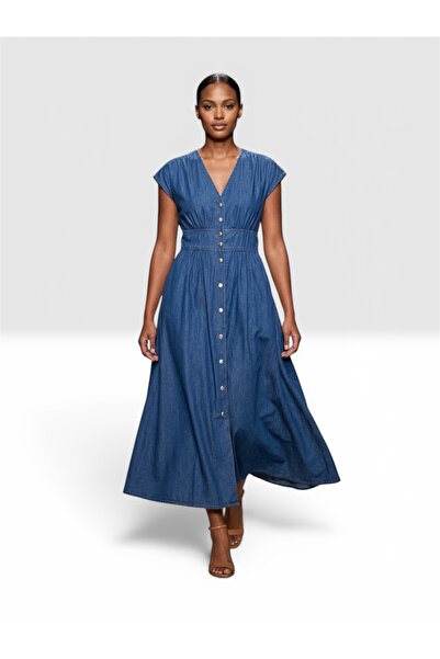 SOLİS MODA .Kadın mavi V yaka önden düğmeli denim kot elbise