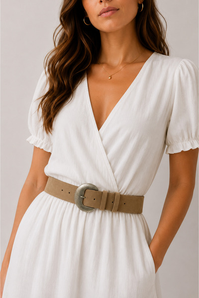 Women's Antique Silver Buckle Beige Color Suede Belt