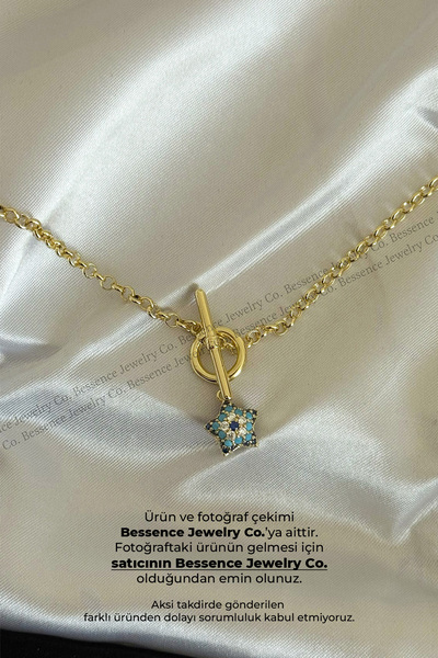 BESSENCE JEWELRY CO. Xuping 14K Gold VIP T-Bar Nazar Boncuklu Yıldız Kolye, 5...