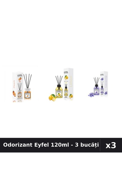 Eyfel Set 3 Odorizant Camera Betisoare 120ml - Piersică, Lămâie, Lavandă