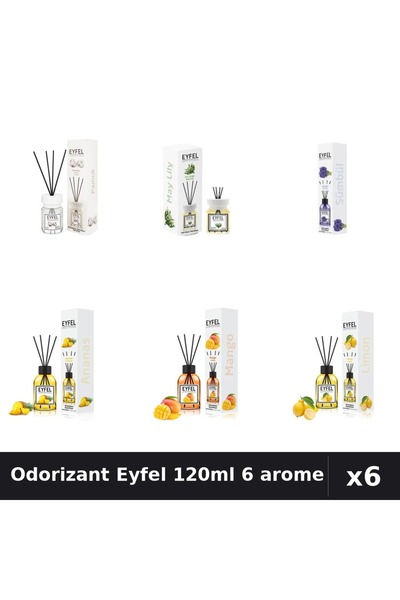 Eyfel Set 6 Odorizante Camera Betisoare 120ml - Bumbac, Lacramioare, Zambile,...