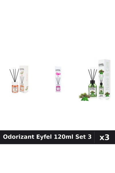 Eyfel Set 3 Odorizant Camera Betisoare 120ml - Acacia, Bubble Gum, Pin și Mentă