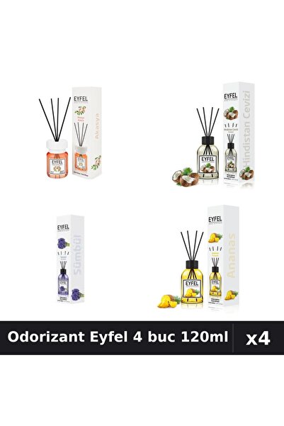 Eyfel Set 4 Odorizant Camera Betișoare - Acacia, Nucă Cocos, Zambile, Ananas ...