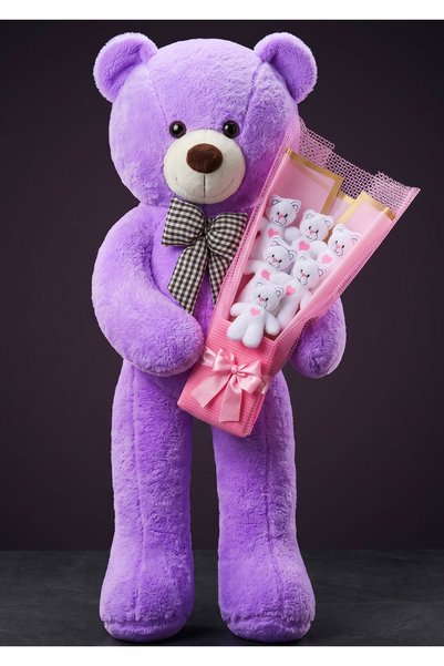 lenostra 90cm Purple Large Plush Teddy Bear White Teddy Bear Bouquet with Pink Packaging Cute Plush Gift Set with Heart Detail Special for Spouse and Lover