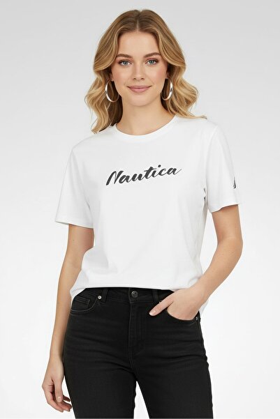 Nautica Women Crew Neck Short Sleeve Graphic Print T-Shirt, White