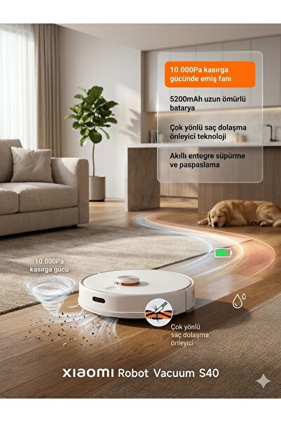 Xiaomi Robot Vacuum S40 Saç Dolanmayan Fırçalı 10.000 Pa Robot Süpürge (TR Ga...