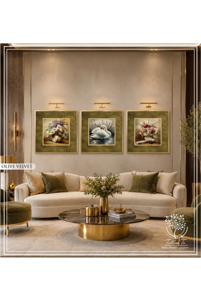 Tablomtr Olive Velvet - Dijital Baskılı Gold Metal Çerçeveli Gerçek Camlı 3'l...