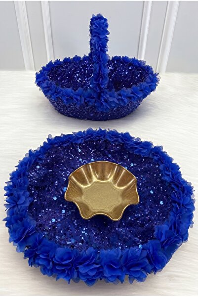 ZEYMERADE Saks Blue Bridal Henna Night Tray and Basket, with Flowers and Comp...