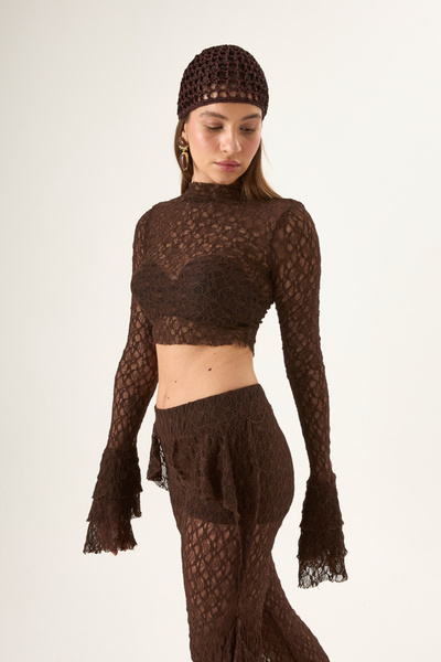 Tt Line Dantel Crop Top Transparan Dantel Detaylı Bluz, Kahve Bohem Festival ...
