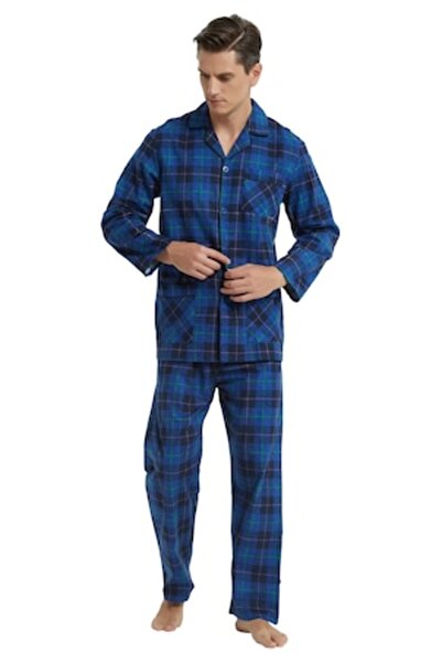 Global Set pijama bărbătească Finet, 100% bumbac, Model Carouri Albastru Past...