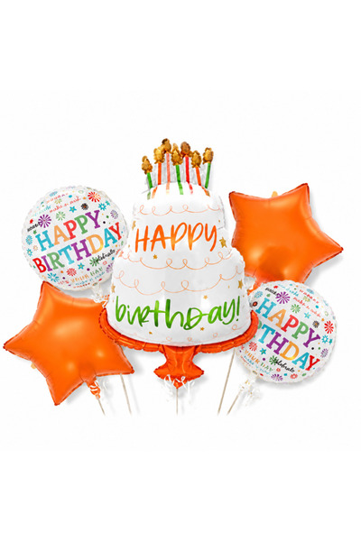 Flippy Set 5 Baloane Happy Birthday Portocaliu cu Tort și Stele din Folie
