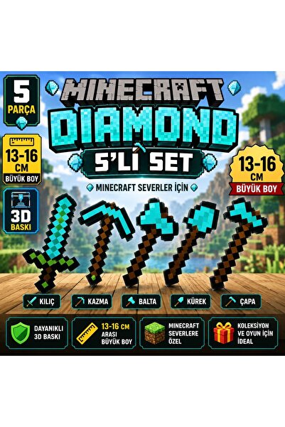 ümit toys Minecraft Diamond 5'li Büyük Tool Seti -Kılıç Kazma Balta Kürek Çap...