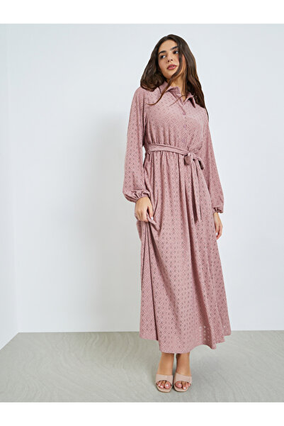 Styli Pink Eyelet Shirt Maxi Dress with Tie-Blet