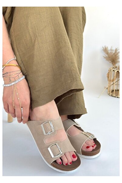 BellAyakkabı Women's Suede Textured Double Buckle Cork Sole Casual Slippers