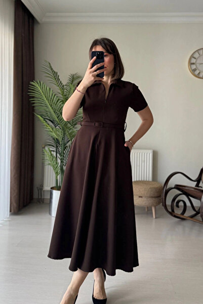 Kubos Moda Polo Yaka Ayarlı Fermuarlı Kahverengi Midi Elbise