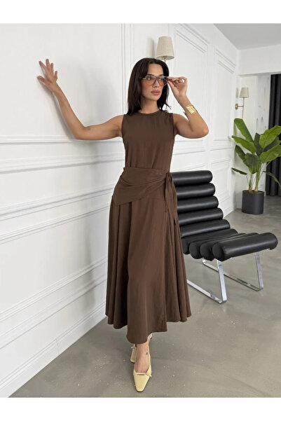 My Blog Brown Waist Shawl Detailed Dress - 3421