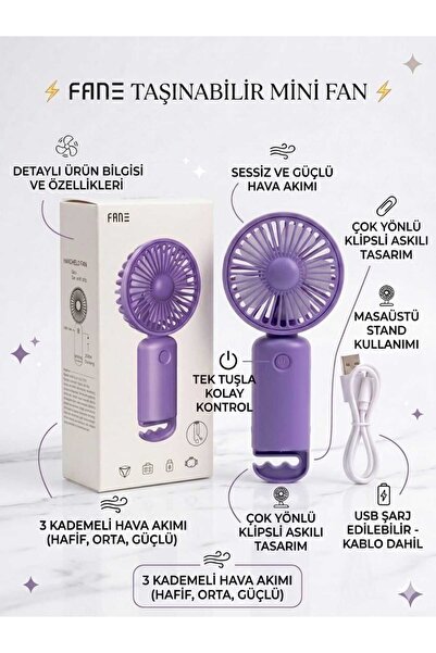 FANE Fan Taşınabilir Şarjlı El Fanı 3 Kademeli Sessiz ve Ergonamik El Vantila...