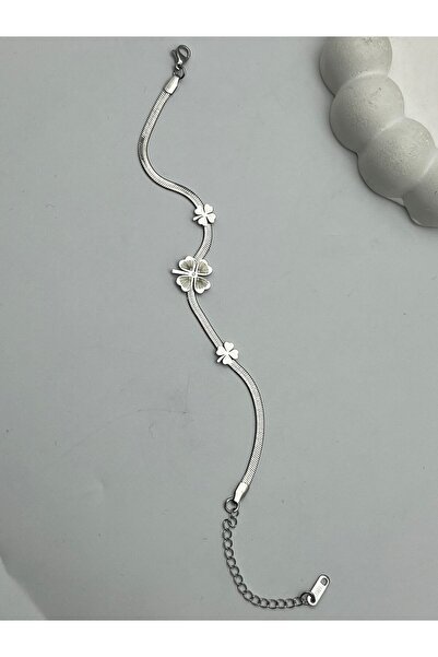 BİJU YILMAZ 26Blk33- Silver Steel Bracelet with Clover Detail