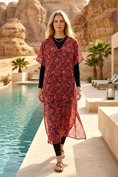 Remsa Mayo Remsa Tesettür Swimsuit over Design Single Kaftan Pareo Rdp26 Red