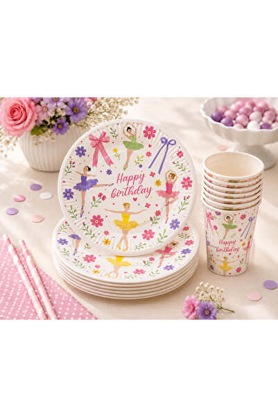 Partifabrik Ballerina Macaron Bow Pastel Color Themed Cardboard Plate and Cup...