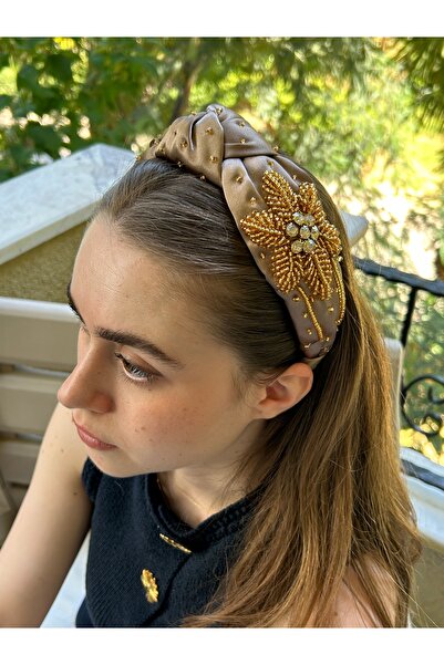 ByMerve Satin Dark Mink Gold Star Detailed Women's Evening Dress Wedding Crown